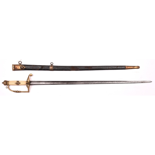 160 - A George III naval officer’s 5 ball hilted spadroon, c 1790, straight, fullered blade 28”, marked “C... 