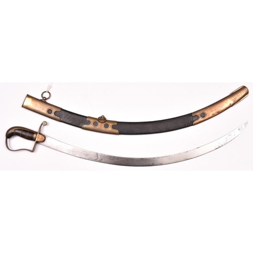 162 - A Georgian naval officer’s service sabre, flat, curved sharpened blade 26”, small brass stirrup hilt... 