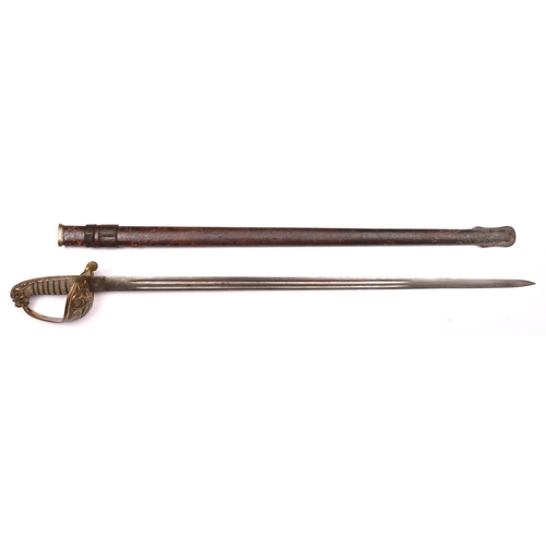 166 - An unusual Vic RN officer’s sword,  straight double fullered claymore blade 31”, by Galt, Gieve & Co... 