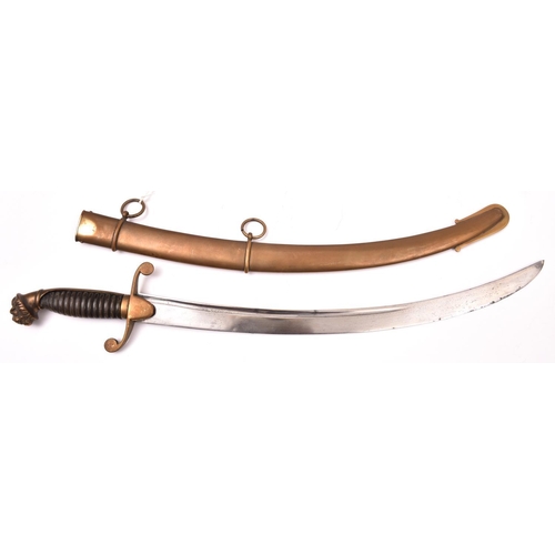 170 - A short naval hanger, c 1820, curved flat blade 17½”, with back fuller, brass hilt with S shaped cro... 