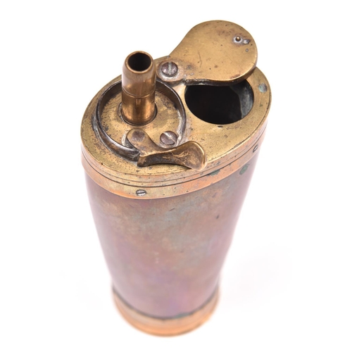 235 - A 3 way brass mounted copper powder flask, 4½” overall, with tapered body and screw lid to base. GO ... 