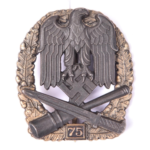 68 - 68	A Third Reich General Assault badge for 75 engagements, gilt washed with black centre, the revers... 