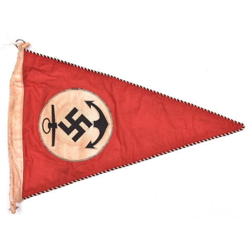 93 - An unusual Third Reich Kriegsmarine car pennant,  14½” x 9½”, red cloth with embroidered swastika an... 