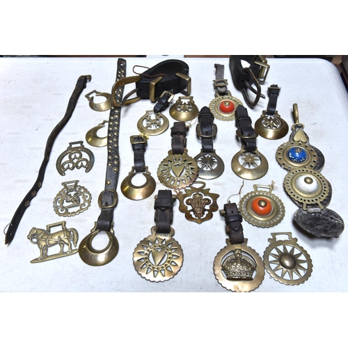 16 - 20x Horse brasses, bridle, harness, etc. 12 of the brasses are suspended on leather straps with bras... 