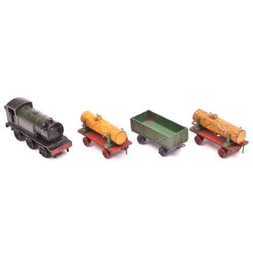 489 - Dinky Toys Tank Goods Train Set. A made up set comprising a green/black locomotive, two yellow/red/g... 