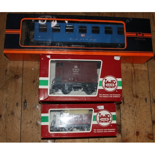 148 - 6x LGB, Bachmann, etc. G Scale passenger/freight cars. LGB DR box van (40075). LGB DR open wagon (41... 