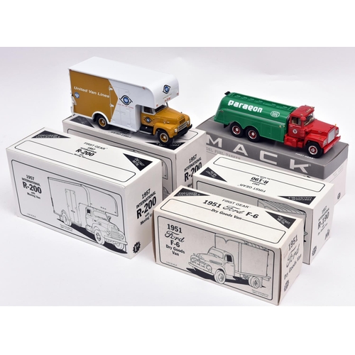 260 - 5 First Gear 1:34 1950's-60's American Trucks. 1951 Ford F6 Dry Goods Van, 'Bardahl'. 1957 Internati... 