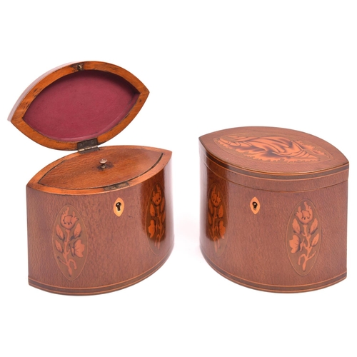 46 - A pair of marquetry tea caddies. Decorative shells to hinged lids and flowers and stringing to front... 