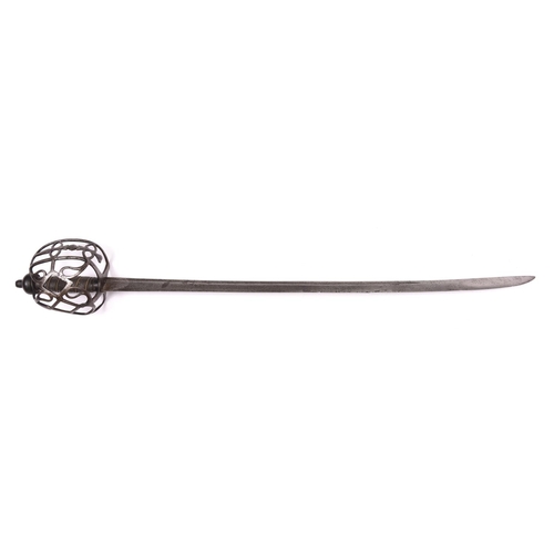 161 - A mid 18th century English semi basket hilted horseman’s sword,   slightly curved single edged blade... 