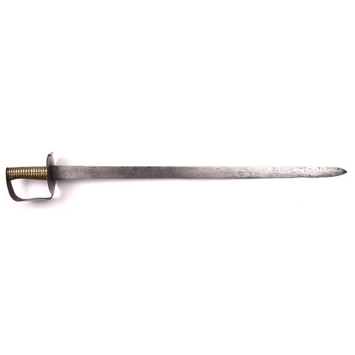 163 - An early 19th century naval cutlass, straight flat single edged blade 28½”, with iron double disc gu... 