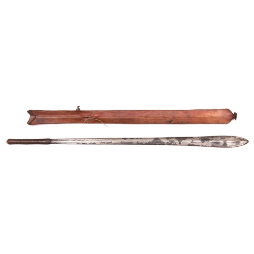 180 - A Masai sword, Seme, blade 23”, with leather bound hilt, in its leather scabbard terminating in a co... 