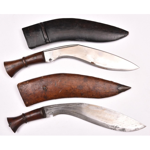 191 - 2 kukris,  with plain wood hilts, in their leather covered sheaths. GC  £40-50