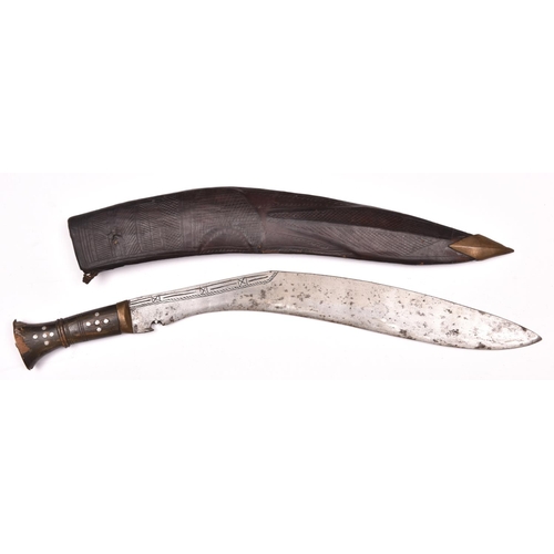 194 - A kukri, long slender blade 18” with simple decoration, horn hilt with plain brass mounts and inset ... 