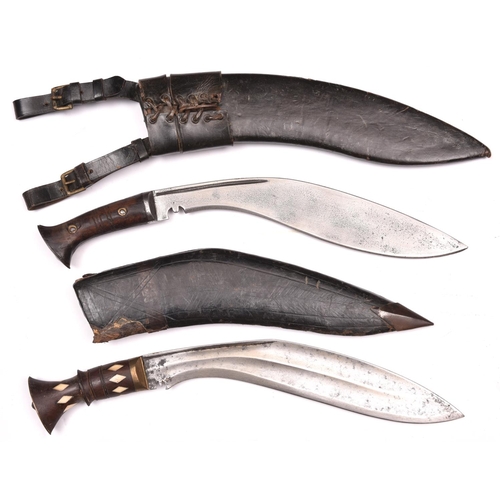 199 - A kukri,   with riveted wood grips, the blade stamped “M” over “43”, in its black leather covered sh... 