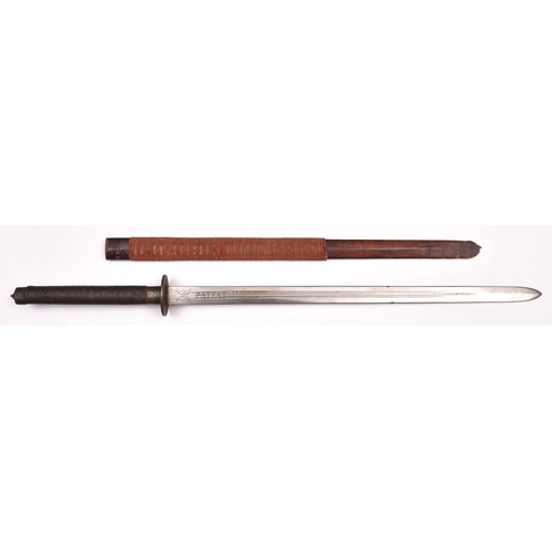 204 - An unusual Korean sword, the 26” European double edged broadsword type blade having double fullers a... 