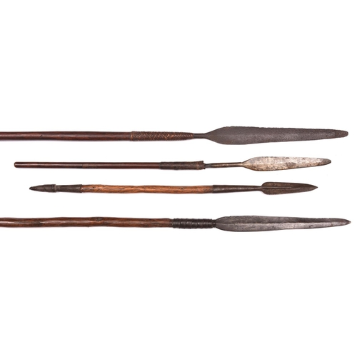 206 - 4 spears: short thrusting spear Assegai, with leaf shaped blade and rattan bound socket, 39” overall... 