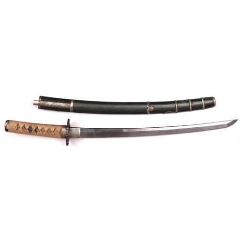 260 - A Wakizashi, in silver handachi mounting, the blade unsigned, c 1600, with details obscured, irregul... 