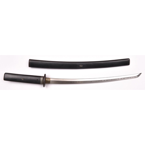 262 - A modern wakizashi, in home made wooden handle and scabbard with metal embellishments. Old iron bomb... 