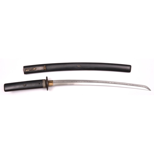 262 - A modern wakizashi, in home made wooden handle and scabbard with metal embellishments. Old iron bomb... 