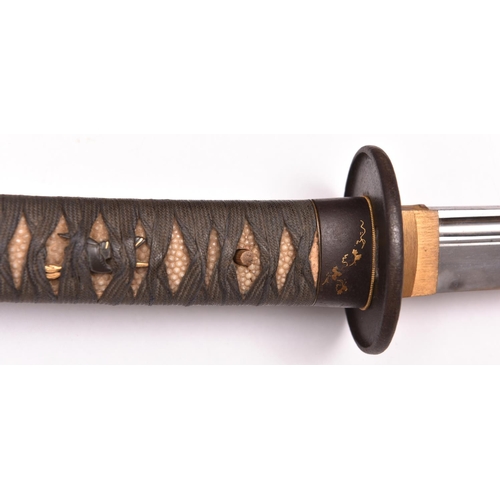 268 - A good Japanese katana  with iron fuchi kashira and lacquer saya with leather cover, 68.5cms, the bl... 