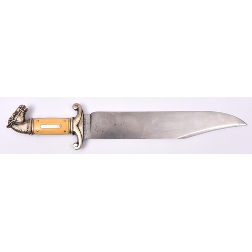 278 - A large old Bowie knife, broad flat clipped back blade 12” x 2”, the narrow ricasso bearing running ... 