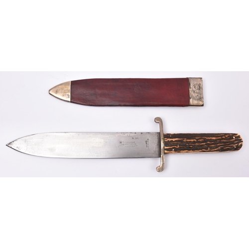 280 - A Bowie knife,   SE spear point blade 8½” crudely etched “I. Wilson, Ex Sycamore St, Sheffield, Engl... 