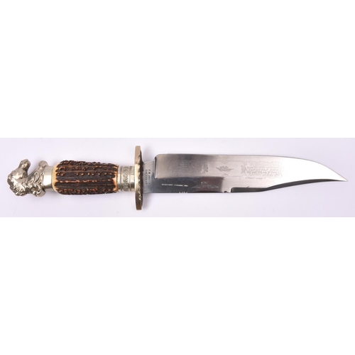 293 - A Bowie knife,   broad clipped back blade 9¾” stamped with Wostenholm type eagle, “THE HUNTERS COMPA... 