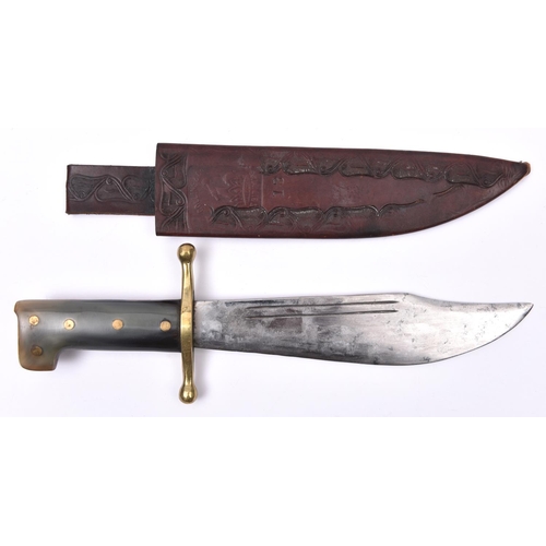 303 - An American “Legitimus” survival knife,  broad heavy clipped back blade 9½” marked “Collins & Co, Le... 