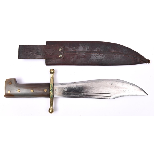 303 - An American “Legitimus” survival knife,  broad heavy clipped back blade 9½” marked “Collins & Co, Le... 