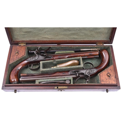 331 - A pair of 24 bore flintlock duelling pistols by Wogdon, c1780,   15” overall, sighted octagonal barr... 