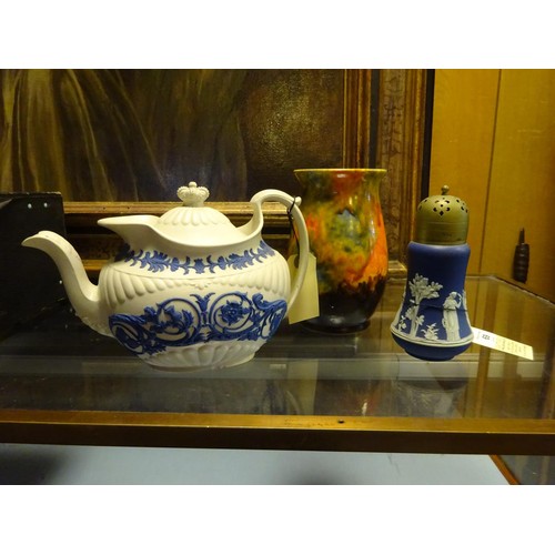 69 - A Wedgwood 19th Century Jasperware teapot with a crown handle to lid. Together with a Wedgwood sugar... 