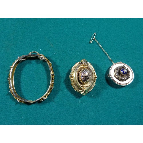 49 - A collection of costume jewellery, silver bangles, silver watch case, etc. 2x Mourning brooches. 8 c... 