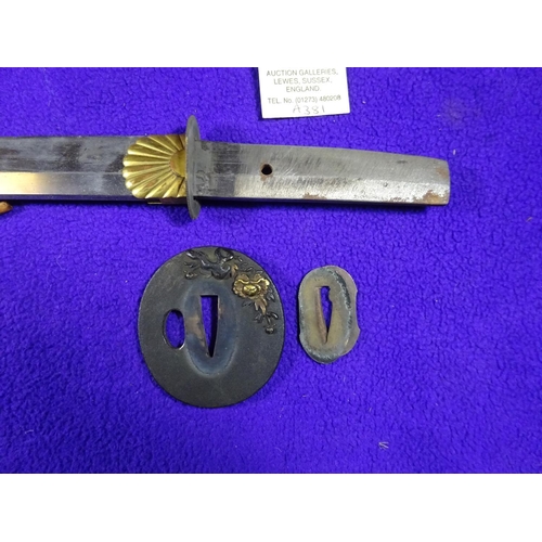 264 - A nicely mounted short wakizashi with o-suriage unsigned blade 31.4cms, some chips and edge nicks. S... 