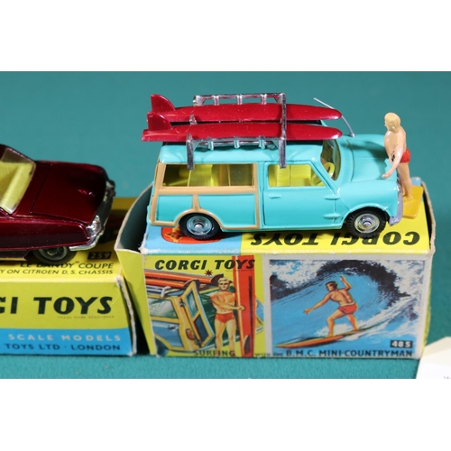 367 - 3x Corgi Toys. A Citroen DS 'Le Dandy' Coupe (259) in metallic dark red. BMC Countryman with surf bo... 