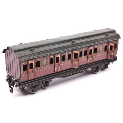 221 - A Marklin O gauge tinplate Midland Railway bogie coach. Composite First Third coach in lined maroon ... 