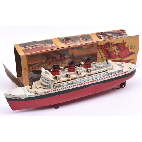 263 - A Alps Toys Co., Japan 1950s clockwork tinplate ship, RMS Queen Mary. Approx 340mm long. Together wi... 