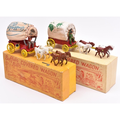 384 - 2 Benbros Qualitoy Buffalo Bill's Covered Wagons. One in red with yellow wheels, canvas tilt and fou... 