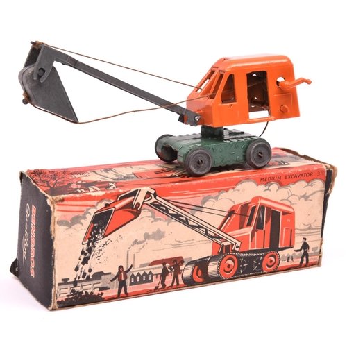 385 - A Benbros Qualitoy Medium Excavator. In orange with green chassis and silver arm and shovel. Boxed, ... 