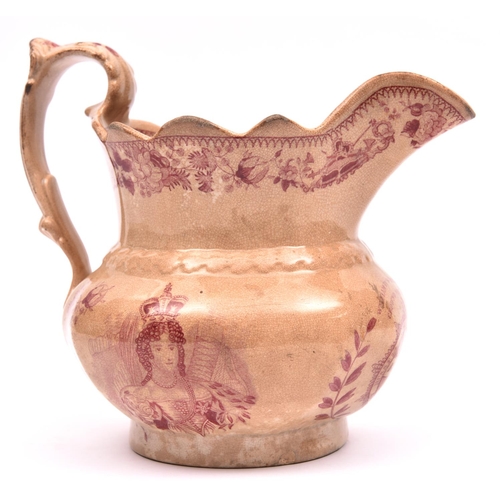 39 - An unmarked pottery 'Reform' jug from the early 1830s. Transfer printed with portraits of William IV... 