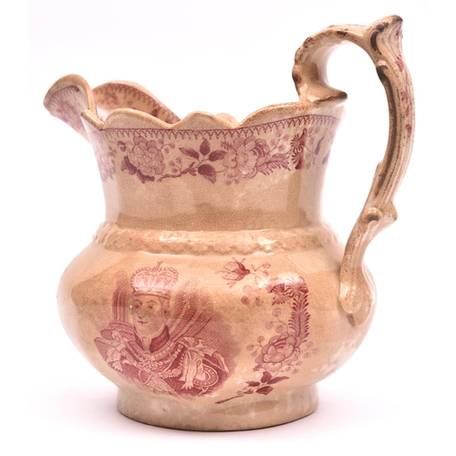 39 - An unmarked pottery 'Reform' jug from the early 1830s. Transfer printed with portraits of William IV... 