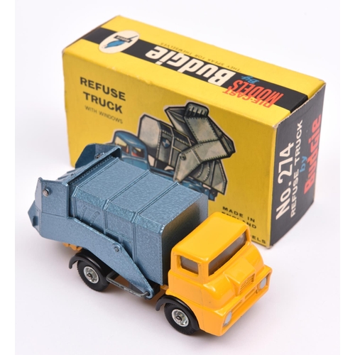 399 - Budgie Toys Thames Trader Refuse Truck (274). A scarce example with a yellow cab and chassis and a m... 