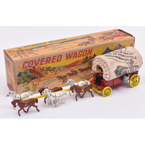 408 - A Modern Products Covered Wagon. In red with yellow wheels, six horses, pictured tilt, red painted r... 