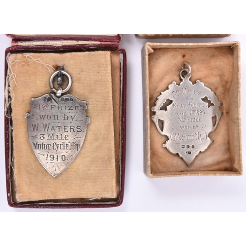 47 - 2x silver motor racing medals. A 3 Mile Motor Cycling Hcp 1910, won by W. Waters. Hallamrked for Bir... 