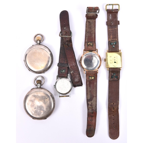 8 - 2x silver pocket watches and 3x early/mid 20th Century wrist watches, including a gold cased watch. ... 