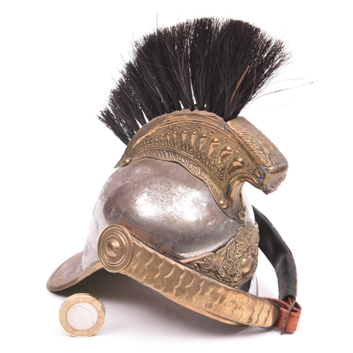 157 - A nicely made model of a French Cuirassier's helmet, steel skull with brass mounts and brush plume, ... 