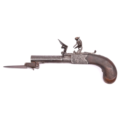 326 - A 60 bore flintlock pocket pistol with spring bayonet, c 1820, turn off barrel 2½