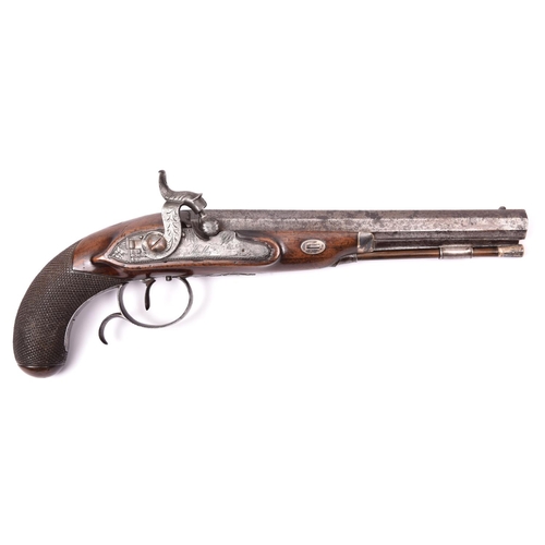 337 - A late 18th century 16 bore target or holster pistol converted to percussion, by Knubley, sighted oc... 