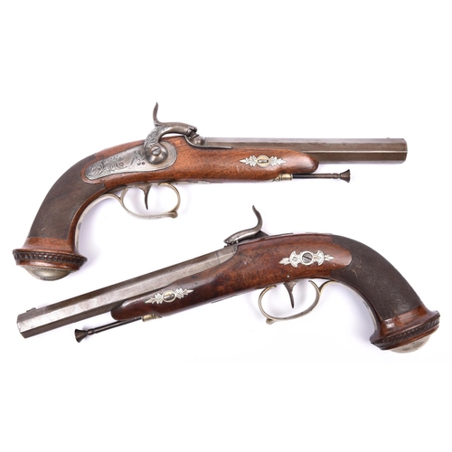 339 - A pair of Belgian officer's 18 bore percussion holster pistols, c 1840, sighted octagonal twist barr... 