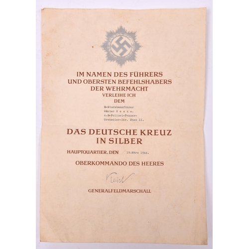 63 - A Third Reich printed and typed citation for the German Cross in silver, to 