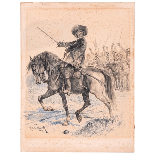 19 - An original R. Caton Woodville sketch, dated 1889, depicting a mounted Oliver Cromwell, with drawn s... 